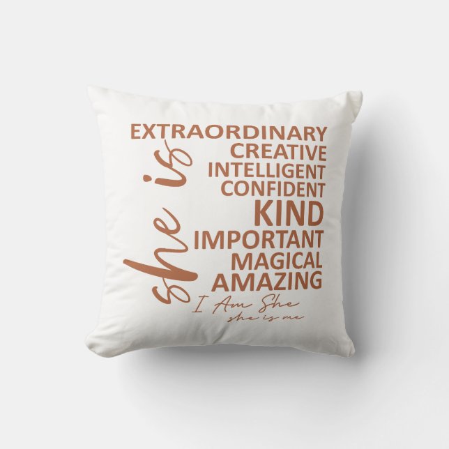 "She is Me" Mocha Mousse Affirmation Typography Throw Pillow (Front)
