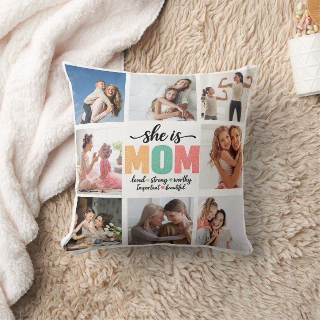 She is Mom Photo Collage Throw Pillow (Blanket)