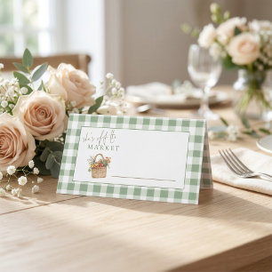 She is off the Market Sage Gingham Bridal Shower  Place Card
