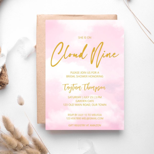 She is on cloud nine bridal shower pink adn gold invitation (She's on cloud nine bridal shower invitation template pink and gold on cloud nine invitation)
