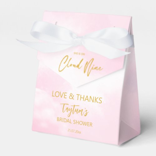 She is on cloud nine bridal shower pink and gold favor boxes