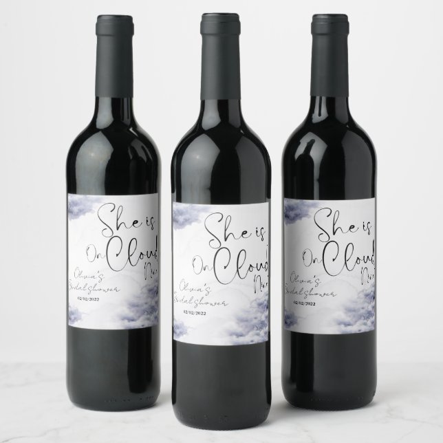 She is on cloud nine bridal shower wine label (Bottles)