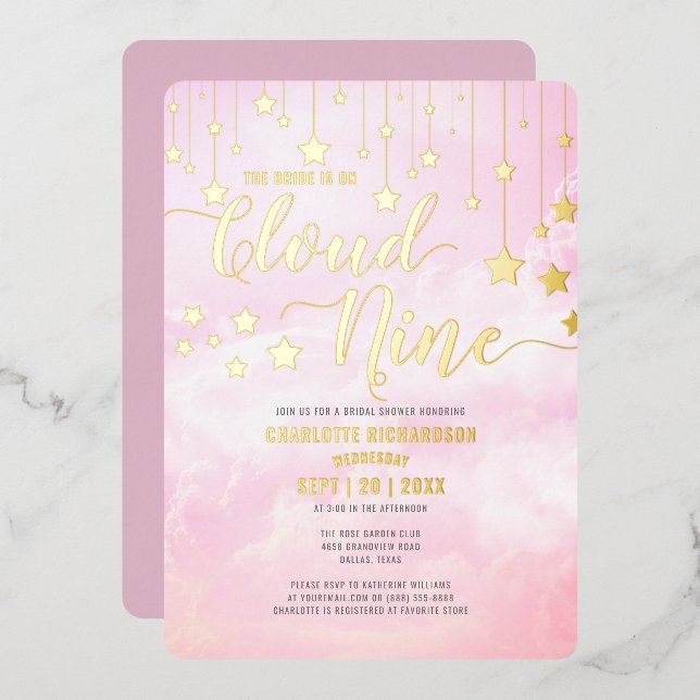 She Is On Cloud Nine Dreamy Pink Bridal Shower Foil Invitation (Front/Back)