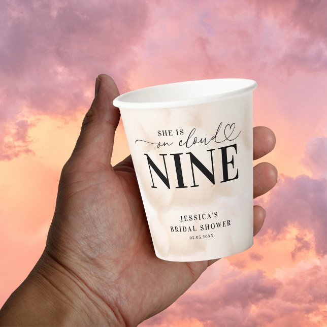 She is on Cloud Nine Heart Script Bridal Shower Paper Cups (Creator Uploaded)