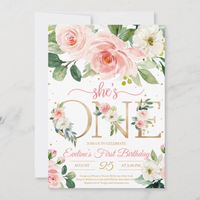 She is ONE bohemian floral girl first birthday Invitation (Front)