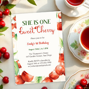 She Is One Sweet Cherry Baby  Girl 1st Birthday Invitation