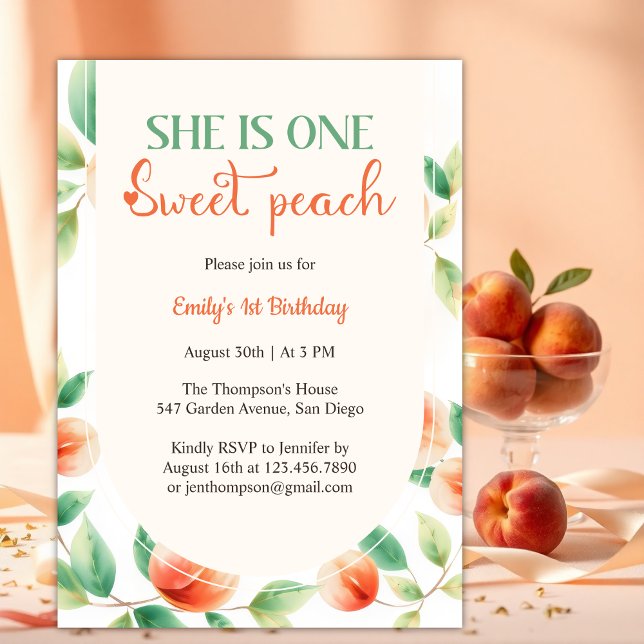 She Is One Sweet Peach First Girl Birthday Invitation (She Is One Sweet Peach First Birthday Party for Baby Girl Invitation)
