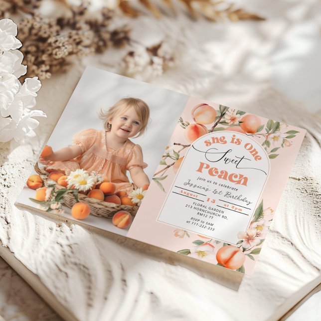 She is One sweet Peach Photo 1st Birthday Invitation (Creator Uploaded)