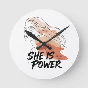 She Is Power – Desert Tones Feminine Line Art Round Clock