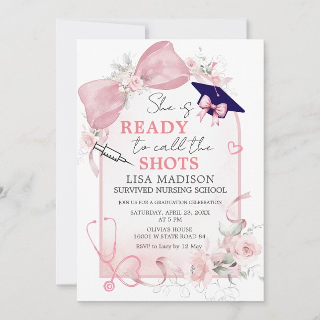 She Is Ready to Call the Shots Nursing Graduation  Invitation (Front)