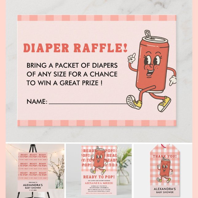 She Is Ready To Pop Red Gingham Soda Diaper Raffle Enclosure Card (Creator Uploaded)