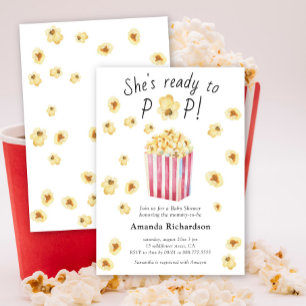 She is Ready to Pop Watercolor Popcorn Baby Shower Invitation