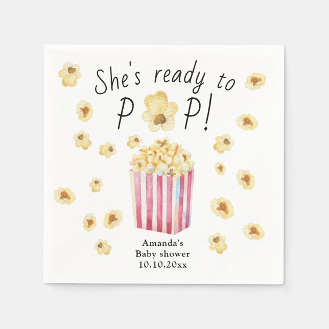 She is Ready to Pop Watercolor Popcorn Baby Shower Napkins (Front)