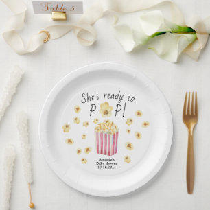 She is Ready to Pop Watercolor Popcorn Baby Shower Paper Plates