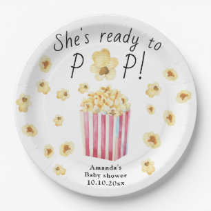 She is Ready to Pop Watercolor Popcorn Baby Shower Paper Plates