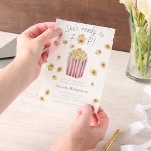 She is Ready to Pop Watercolor Popcorn Baby Shower Vellum Invitations