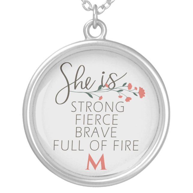 She Is Strong Fierce Brave Custom Name Silver Plated Necklace (Front)