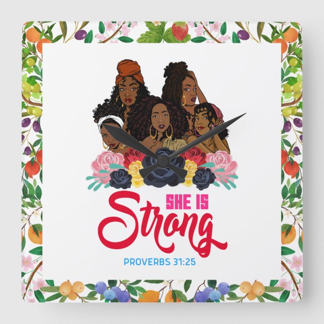 She is strong proverbs 31:25 black woman melanin square wall clock (Front)