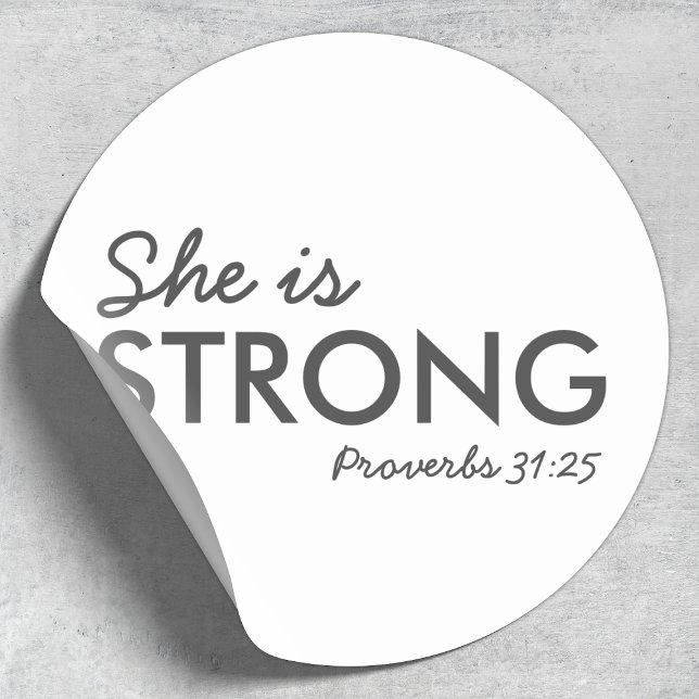 She is Strong | Proverbs 31:25 Christian Faith Classic Round Sticker (Creator Uploaded)