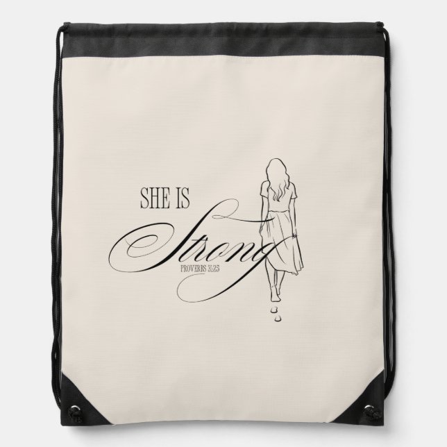 She is Strong Proverbs 31:25 Drawstring Bag (Front)