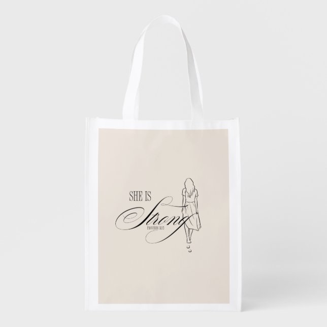 She is Strong Proverbs 31:25 Grocery Bag (Front)