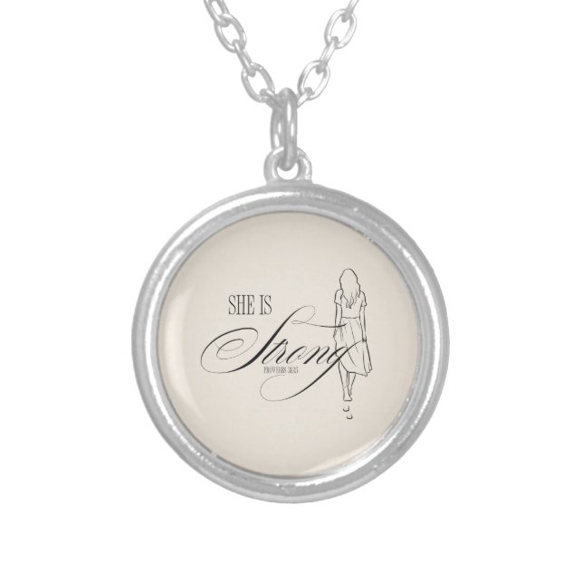 She is Strong Proverbs 31:25 Silver Plated Necklace (Front)