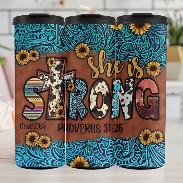 She Is Strong: Proverbs 31:25 Thermal Tumbler (Creator Uploaded)