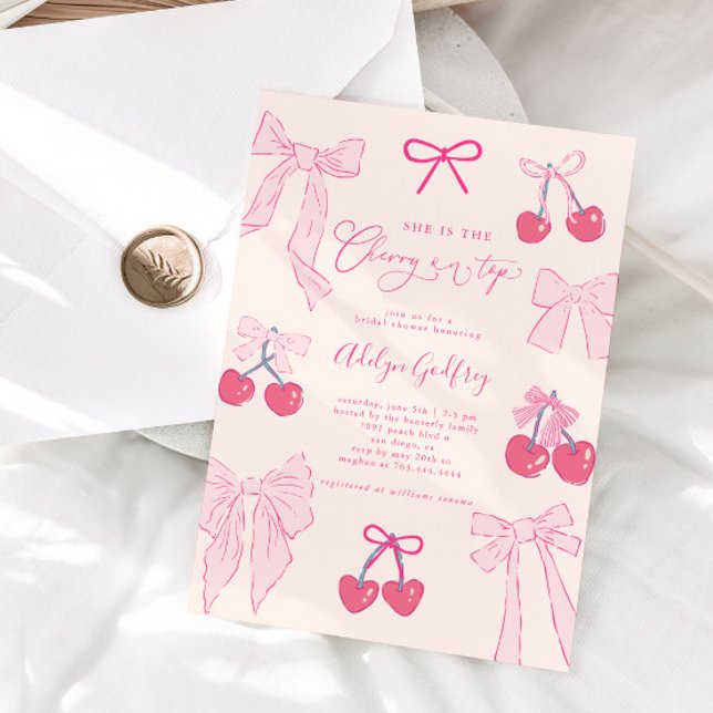 She is the Cherry On Top Pink Bow Bridal Shower Invitation (Creator Uploaded)