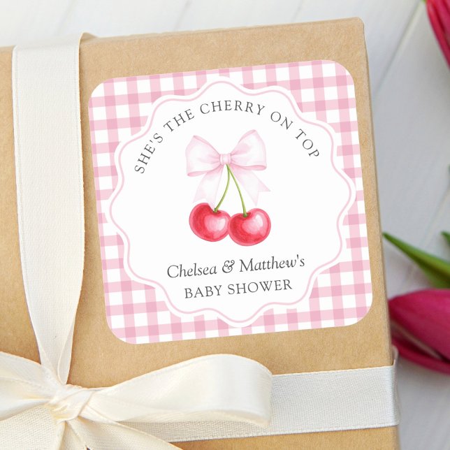 She is The Cherry On Top Whimsical Bow Baby Shower Square Sticker (Creator Uploaded)