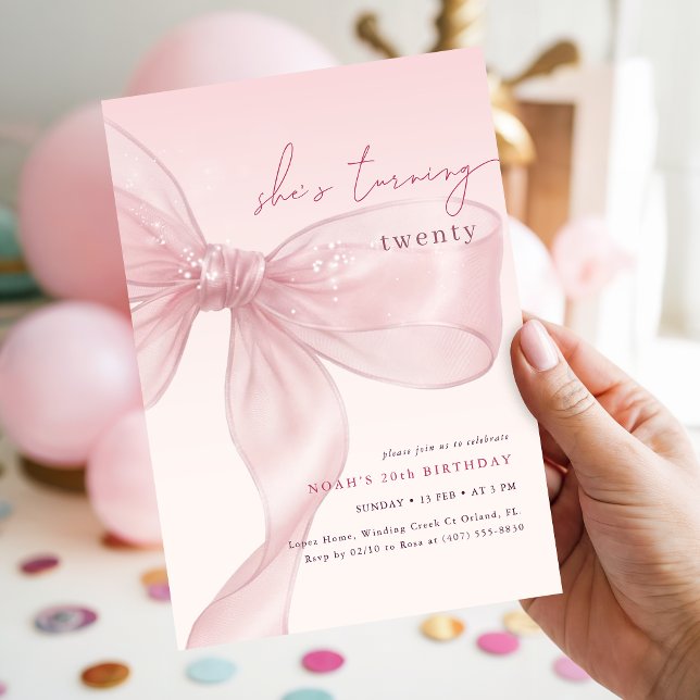 She is Turning Twenty Blush Bow Birthday Invitation (Creator Uploaded)