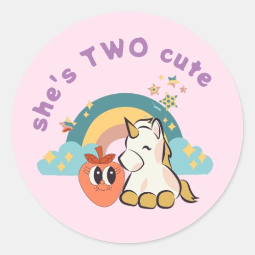 She is two cute girl 2nd Birthday boho rainbow Classic Round Sticker