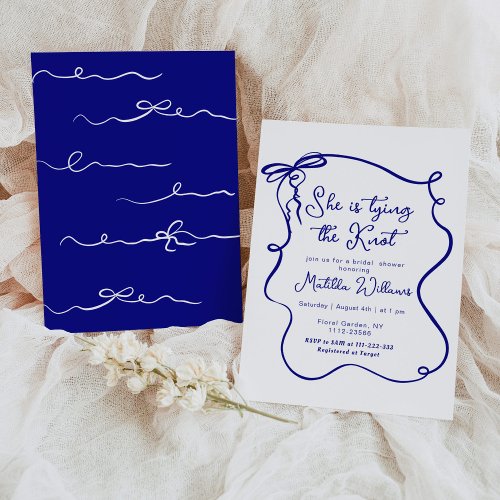 She is tying the knot navy bow bridal shower invitation
