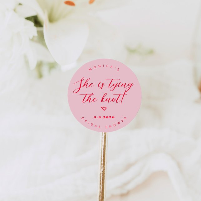She is tying the knot  pink and red bridal classic round sticker (Creator Uploaded)