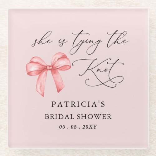 She is tying the knot pink bow Bridal Shower Glass Coaster