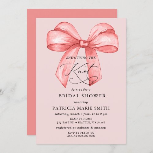 She is tying the knot pink bow Bridal Shower Invitation