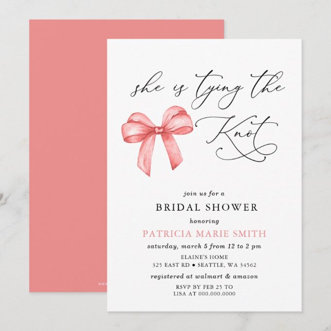 She is tying the knot pink bow Bridal Shower Invitation (Front/Back)