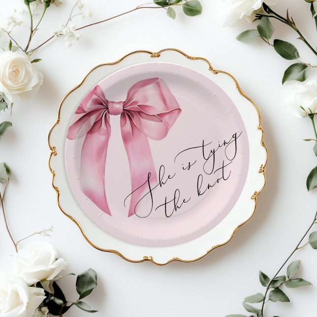 She is tying the knot Pink Bow Bridal Shower Paper Plates (Creator Uploaded)