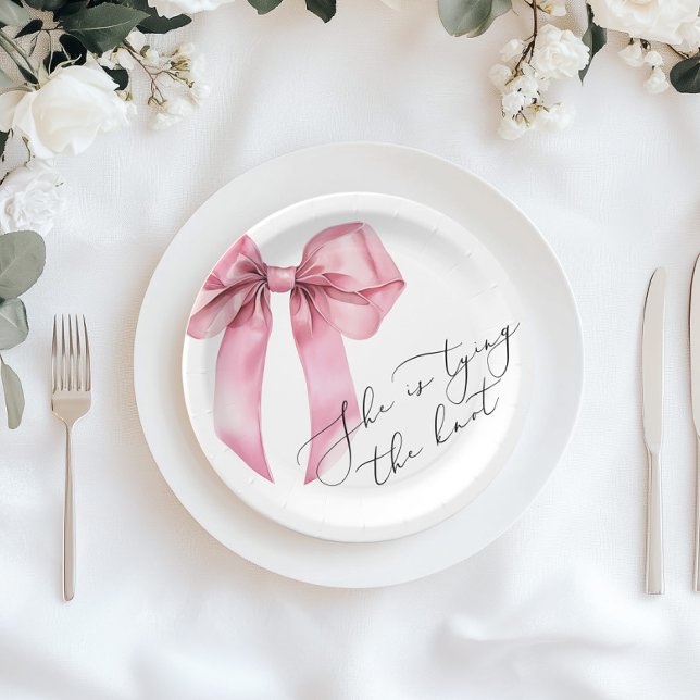 She is tying the knot Pink Bow Bridal Shower Paper Plates (Creator Uploaded)