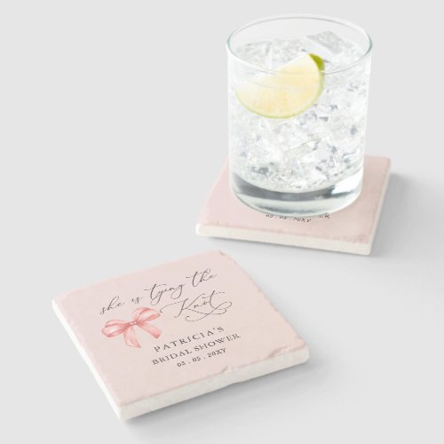 She is tying the knot pink bow Bridal Shower Stone Coaster