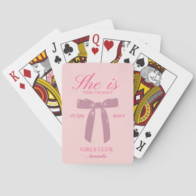 she is tying the knot pink coquette bachelorette poker cards (Back)
