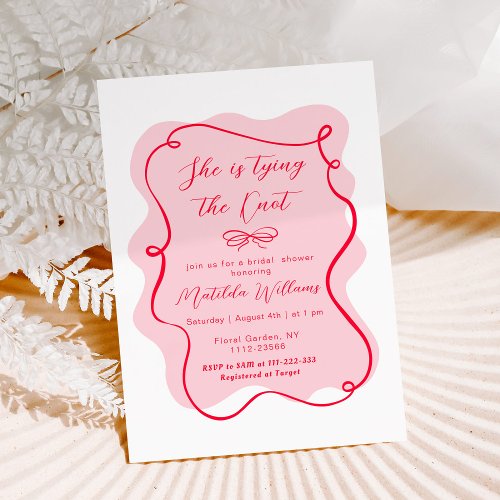 She is tying the knot pink red bow bridal shower invitation