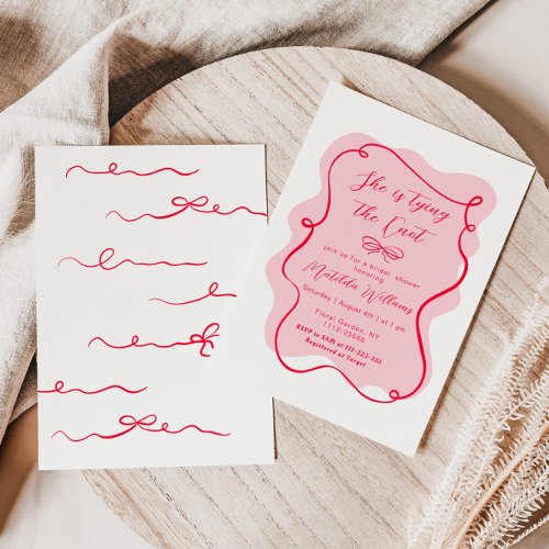 She is tying the knot pink red bow bridal shower invitation