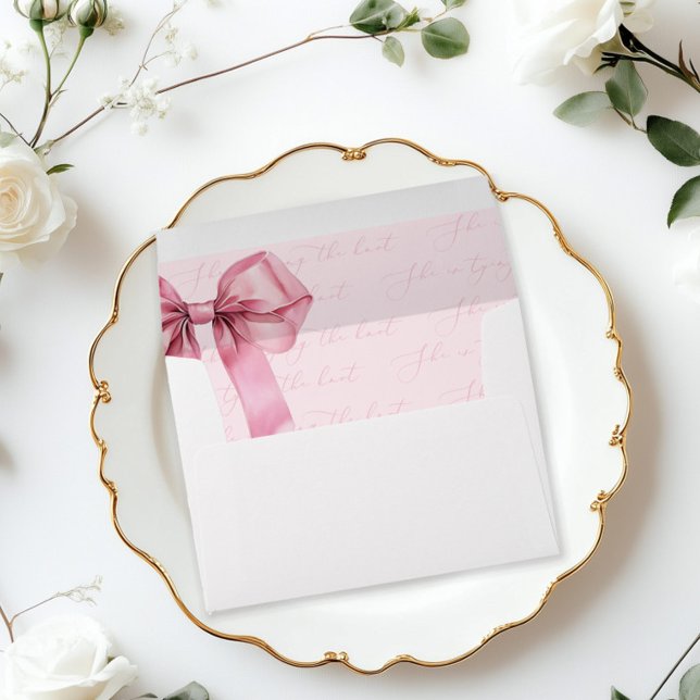 She is tying the Know Pink Bow Bridal Shower Envelope (Creator Uploaded)