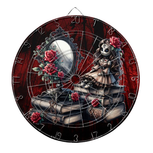 She is watching  dart board (Front)