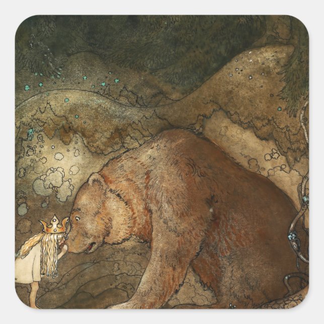 “She Kissed the Bear” by John Bauer Square Sticker (Front)