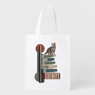 She Knows the Stairs Go Sideways Funny Cat Geometr Grocery Bag
