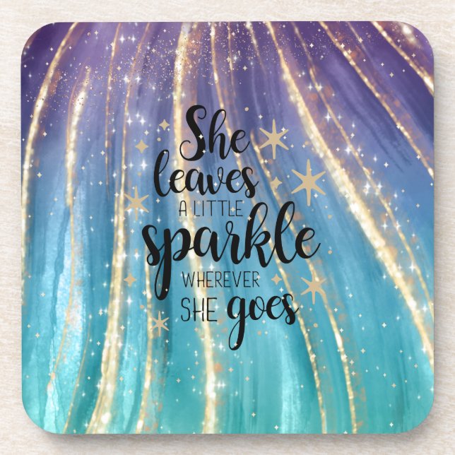 She Leaves A Little Sparkle Turquoise Gold Glitter Beverage Coaster (Front)
