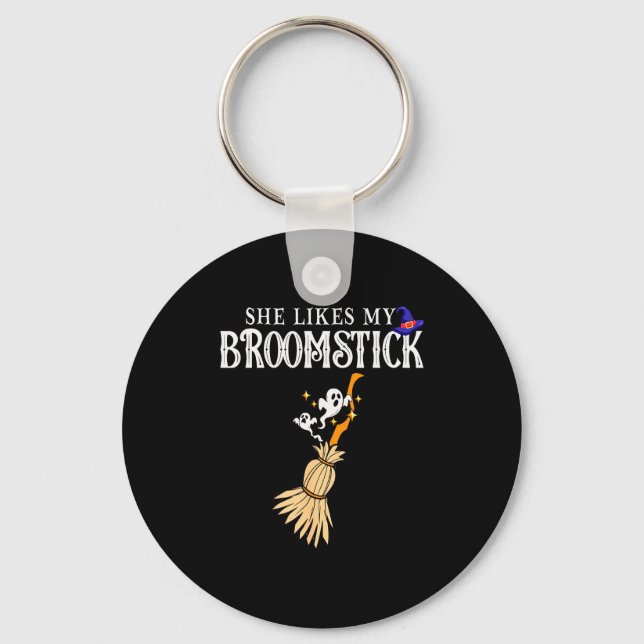 She Likes My Broomstick I Love Her Pumpkins Couple Keychain (Front)