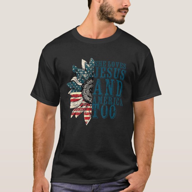 She Loves Jesus And America Too Sunflower Leopard T-Shirt (Front)