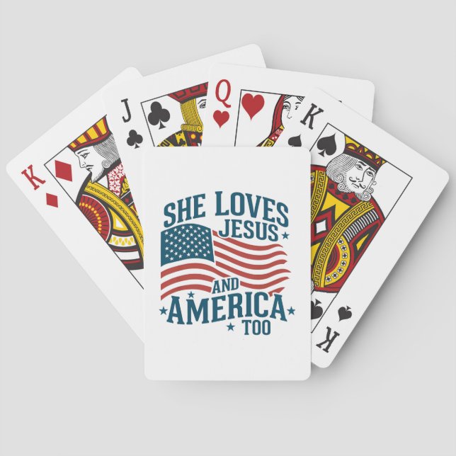 She Loves Jesus And America Too USA Flag 4th  Poker Cards (Back)